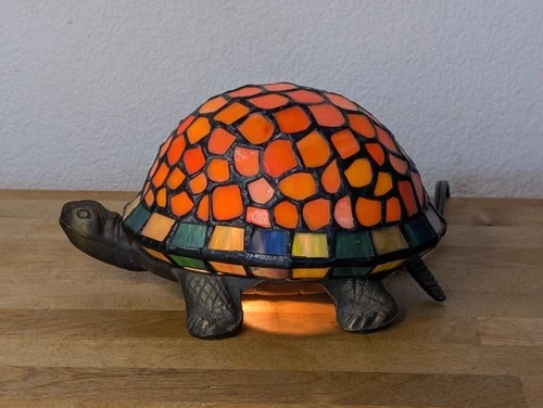 Vtg Tiffany Style Stained Glass Turtle Accent Lamp 9" Night Light On Off Switch