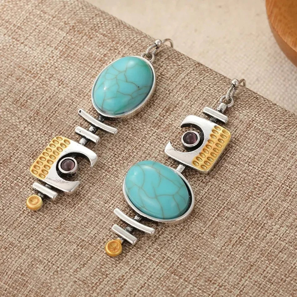 Pendientes asimétricos boho-chic enchapados en oro blanco imitación turquesa colgantes Foto 3 de 4