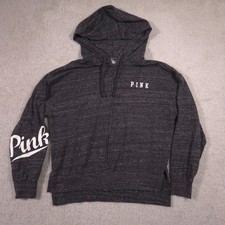 PINK Victoria's Secret Hoodie Womens Small Gray Full Zip Script Sleeve Logo