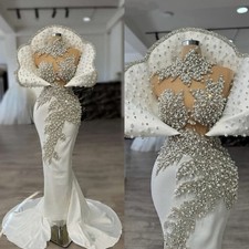 Luxury Wedding Dress 3D Lace Pearls Illusion Neck Bridal Gowns Celebrity Women M