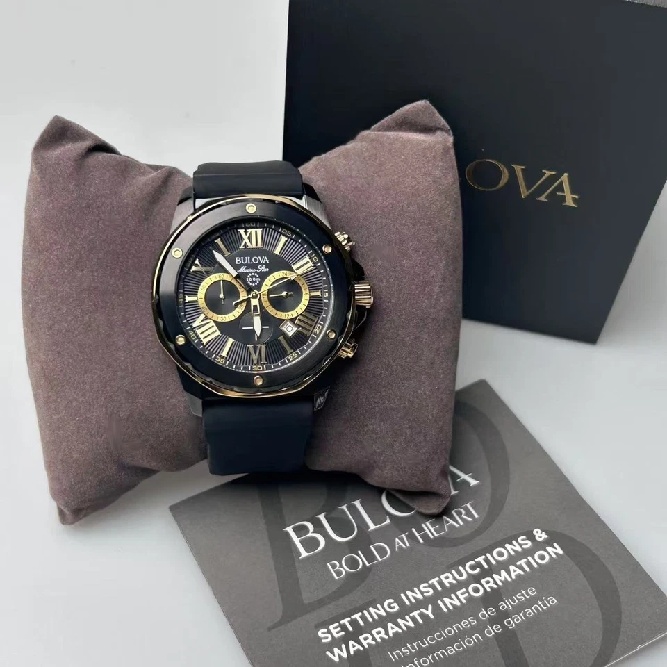 Bulova Marine Star Men's Quartz Watch Gold/Black Dial Rubber Strap 44mm 98B278 - Image 2 of 4