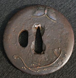 Antique Japanese Edo Period Wakizashi 脇差 Tsuba 鍔 Iron Forged Butterfly & Vine