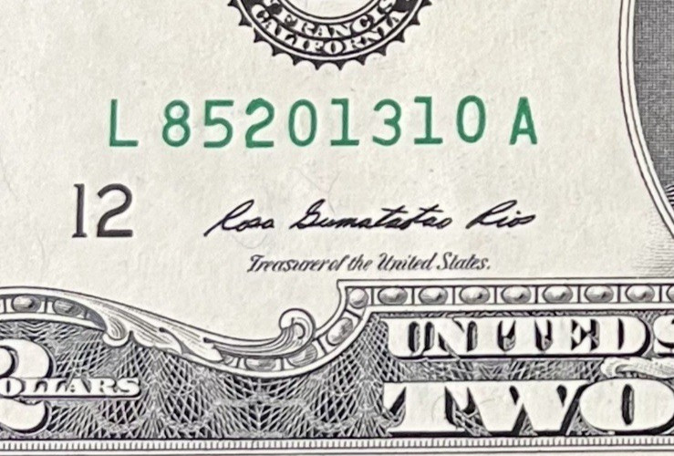 ERROR $2 DLL BILL - OVERINK "2" & SERIAL YEAR #: XX2013XX, FRB L12, SERIES 2013.