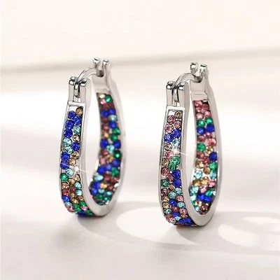 Damen Creolen Silber Ohrringe Zirkonia Steine Blau Rosa Versilbert Glitzer Hoop - Bild 1 von 4