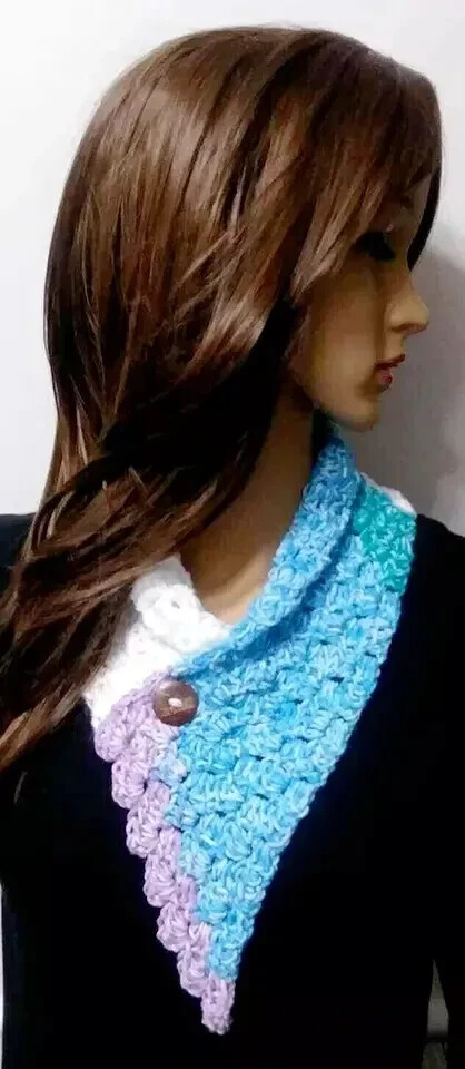 Handmade crochet button cowl scarf in purple blue ombre block USA