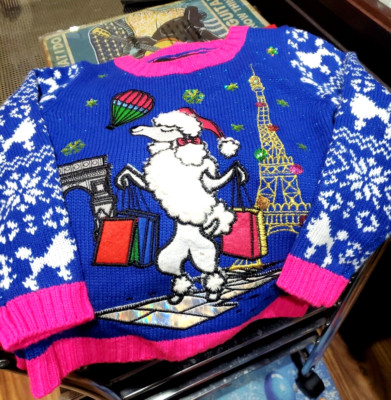 BLIZZARD BAY Kids 3D POODLE PARIS EIFFEL TOWER Pullover Sweater sz S(4) NWOT