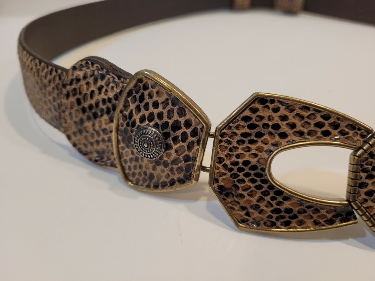 Chico\'s Shiny Gold Faux Snakeskin Brown Leather Belt Antique Brass Hook Buckle The Chico Custom Brown Leather Belt | The Surrey main image 3