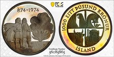 PR68DCAM 1974 Iceland 1,000 Kronur Silver Proof, PCGS Trueview- Rainbow Toned