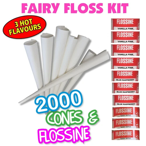 2K PAPER CONES + 2000 SERVES OF FLOSSINE GREEN PINK BLUE - FAIRY FLOSS 2000 PACK - Picture 2 of 7