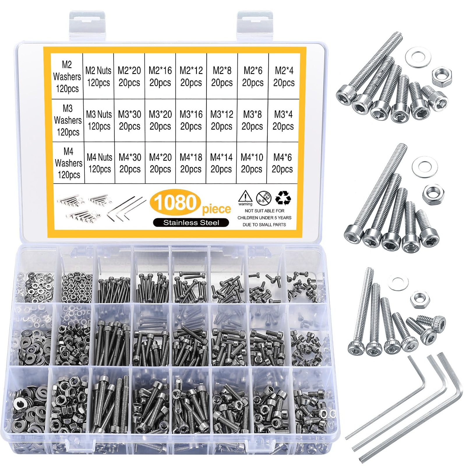 1080Pcs Screws Bolts and Nuts and Washers Assortment Set, Metric M4 M3 M2 New