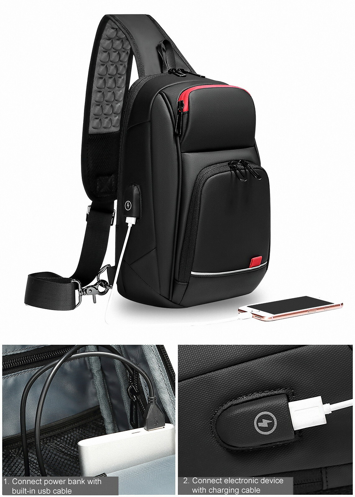 Water Resistant Sling Backpack Chest Pack Single Strap Daypack Charging