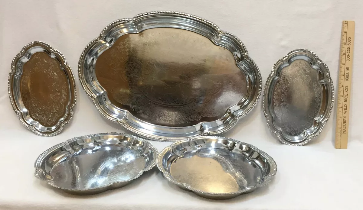 Serving Trays Oval Silver Tone Metal Scalloped Edge Various Sizes Interpur  5 Pcs