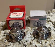 2 Teapot Shaped Loose,  Tea Infuser Strainer with Dip Chain and Drip Tray in box