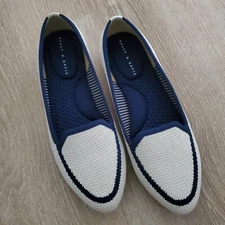 Kelly & Katie Fern Slip On Women's Knit Comfort Flat Loafer in Beige/Navy Size 7