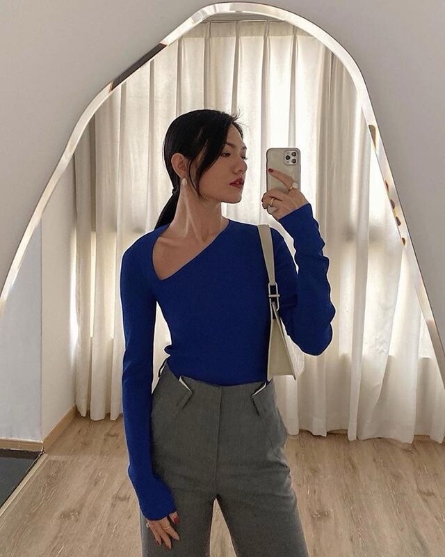 Helmut Lang Asymmetric Rib Knit Top Blue size XS $295 Retail