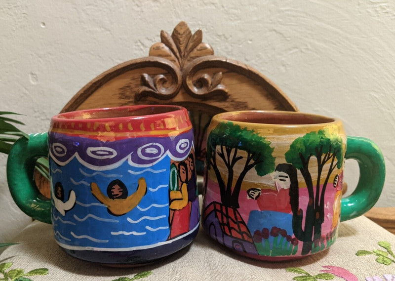 2 Handmade Vtg ISLAND FOLK ART MADE MEXICO Pottery Terracotta Mugs *Moving Sale*