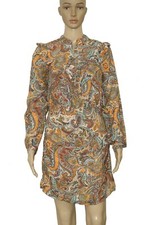 Anthropologie Paisley Printed Laced Up Ruched Long Sleeve Boho Mini Dress New XS