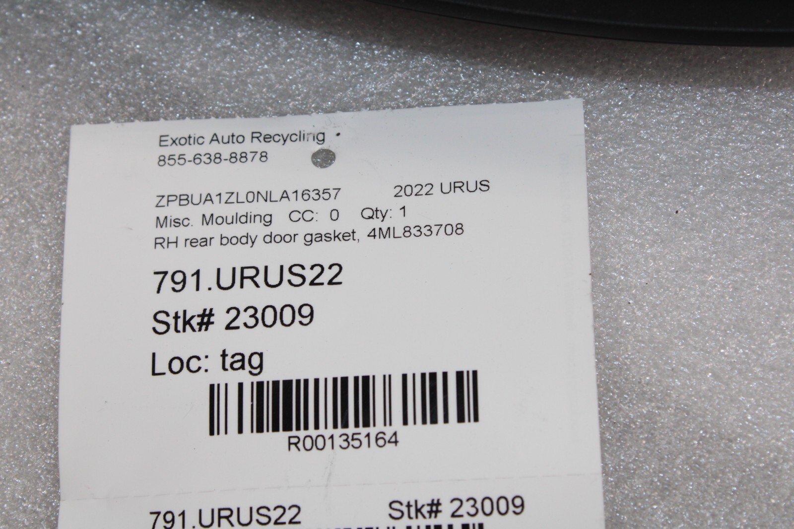 Lamborghini Urus, RH, Right, Rear Body Door Gasket, Used, P/N 4ML833708