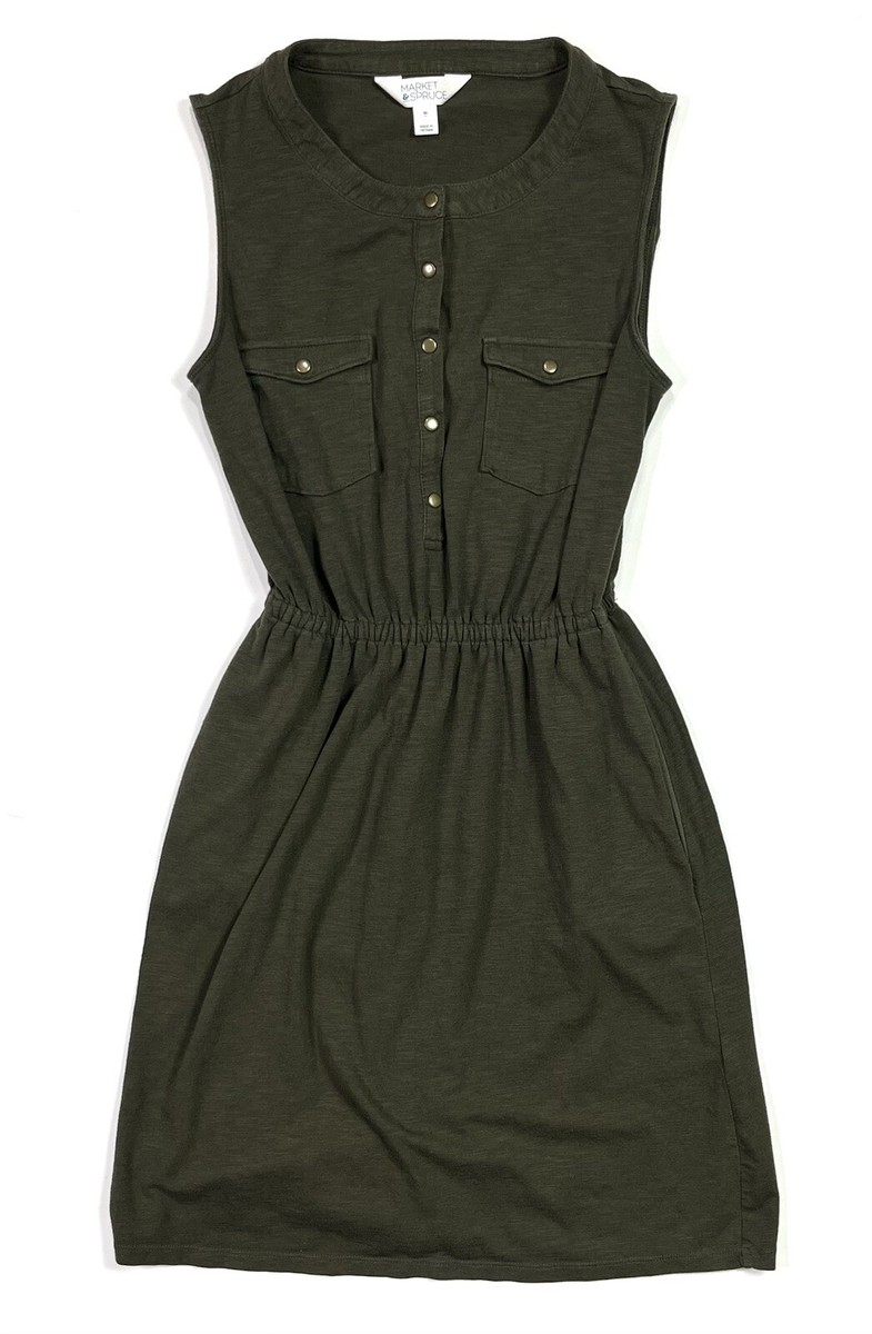 army green dress with pockets Market & Spruce Womens XS Olive Button Sleeveless W/ Front Dresses. Dresses: Midi Dresses