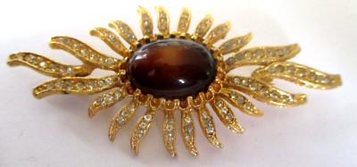 Broche Vintage Or Perle œil De Tigre Cristaux - Bijou Ancien - Occasion Parfait état
