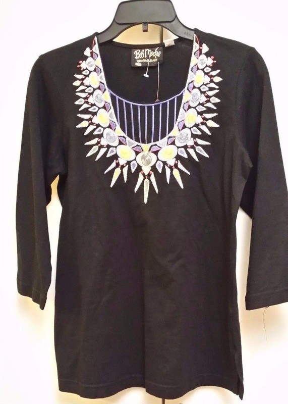 NWT Woman Bob Mackie TOP BLOUSE Size XXS Black Embroidered 100%Cotton 3/4 sleeve