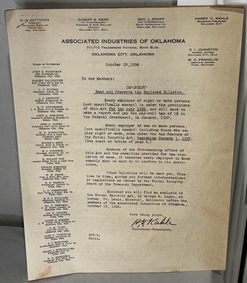  Vintage October 29, 1936 Associated Industries Of Oklahoma Document Of SS Act