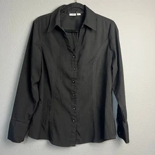 Cato Womens Button Down L/SL Silver Buttons Blouse Collared Fitted Black Size L