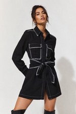 Topshop Top Stitch Mini Shirt Dress Black Contrast Stitch Tie Waist US 6 UK 10