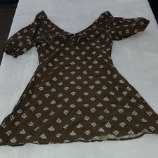Women's Brown White Floral V-Neck Short Sleeve Mini Dress Size M Regular