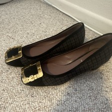Miu Miu Women's Ballet Flats Tweed Plaid Gold Buckle Almond Toe EU 36