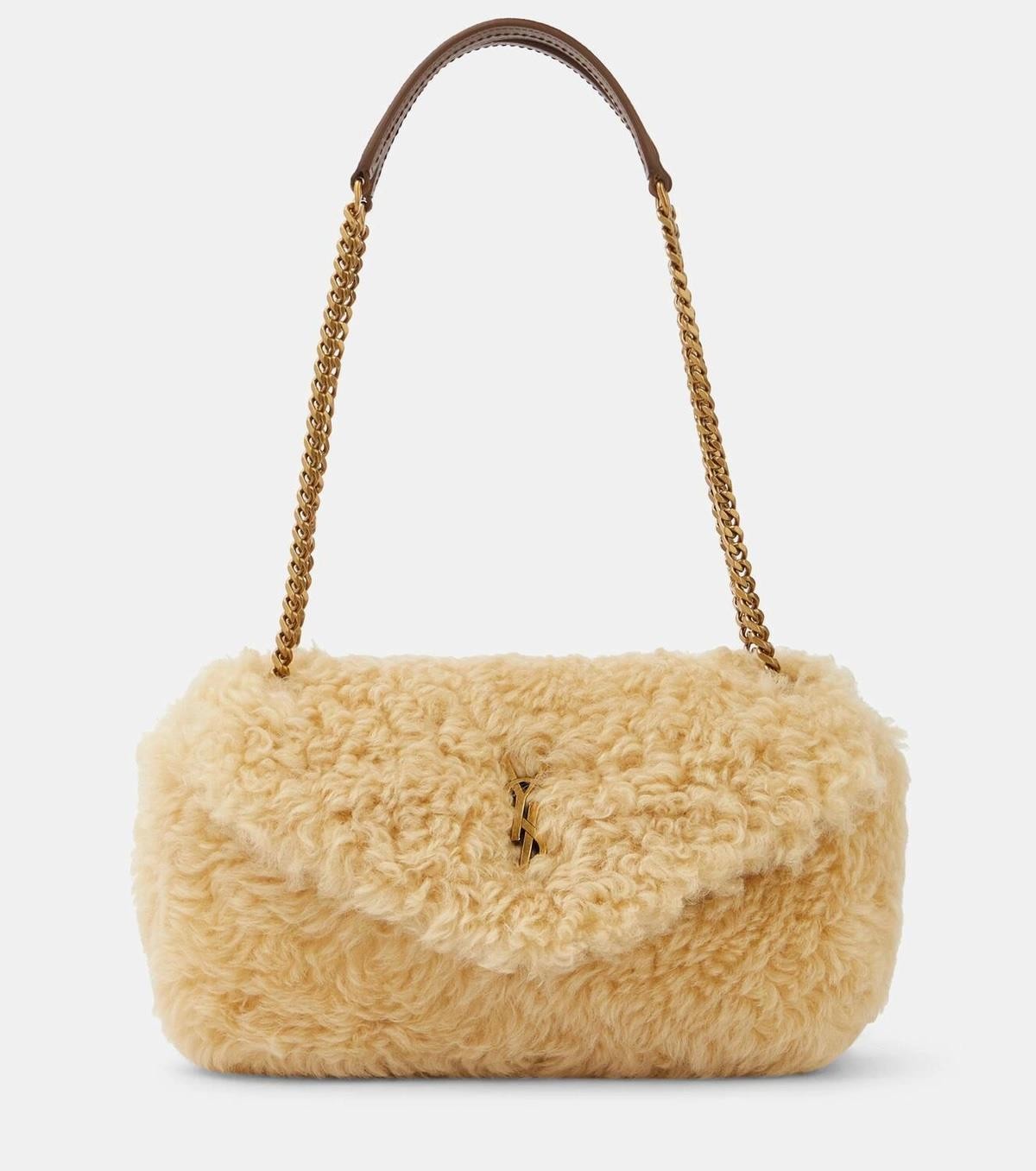 Borsa a tracolla Saint Laurent YSL Monogram Calypso in pelle di shearling con catena $3250