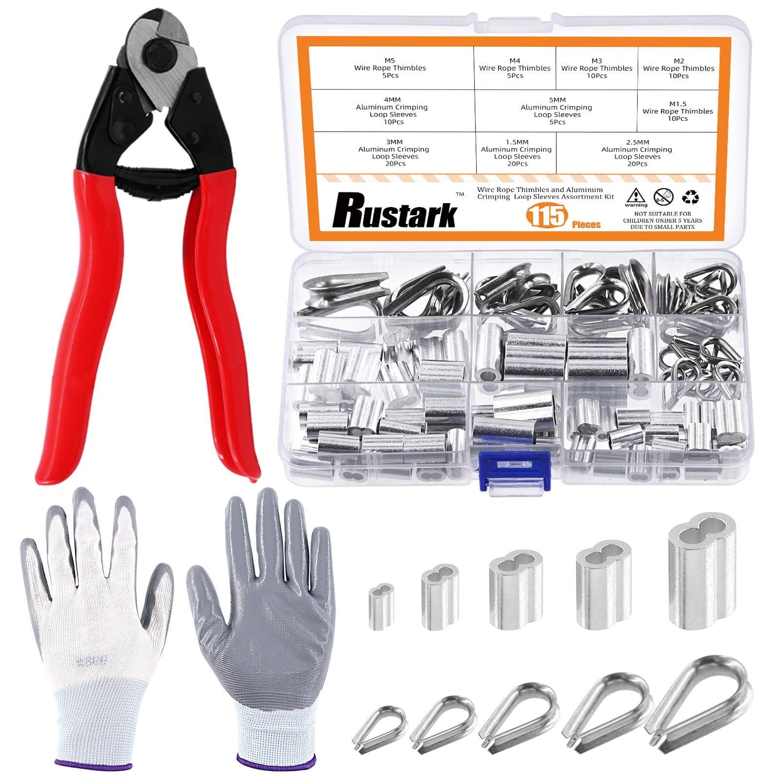 117Pcs 8-Inch Steel Wire Rope Cutter Kit with Aluminum Crimping Loop Sleeves and Accessories
