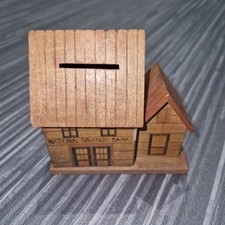 Vintage National Savings Bank Wooden House Shaped Money Box - (#1192)