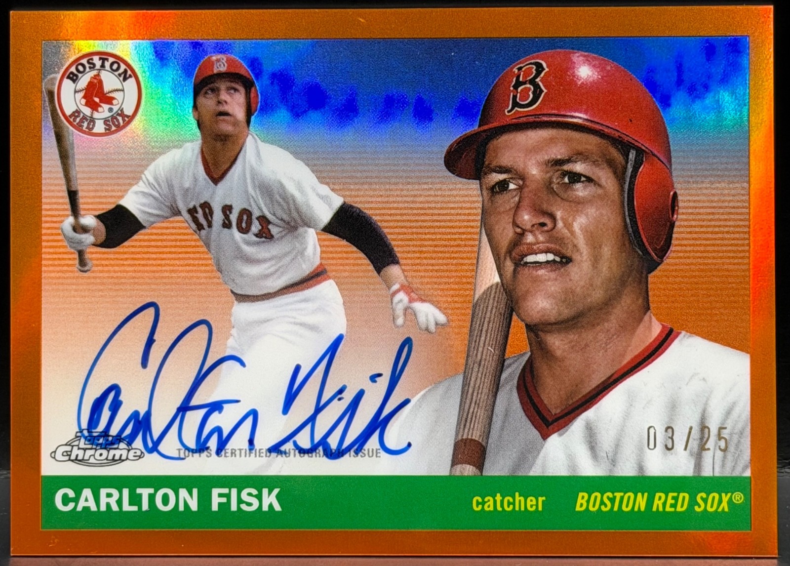 2025 Topps Chrome Platinum CARLTON FISK CPA-CF Orange Refractor /25 Red Sox