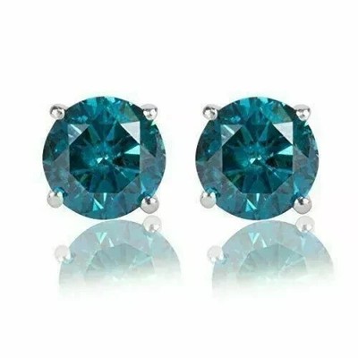 2Ct Round Created Blue Diamond Solitaire Stud Earring 14K White Gold Finish 6MM