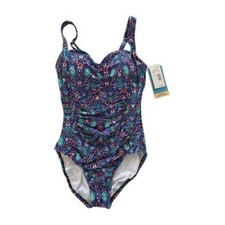 Swim Solutions Tummy Control Shirred Blue One Piece Swimsuit Size 8 Padded NWT