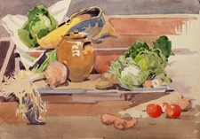 Ivy Attwell. Drawing (1895-1985). Watercolour, still life with vegetables.