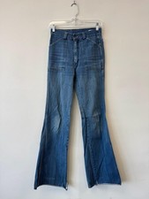 Vintage Disco Jeans Womens 25" Blue Mid Rise Flare Distressed Pocket 70s