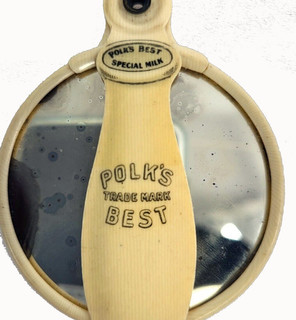 Antique Celluloid Advertising POLK's BEST 2 S DIECUT MILK BOTTLE Pocket Mirror