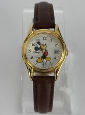 Disney Mickey Mouse 25mm Gold Tone Quartz Date Watch w/Brown Band  New Battery