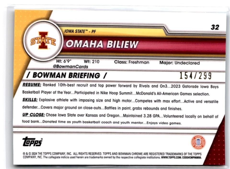 2023-24 Bowman Chrome U 1st Bowman Teal Wave Refractor Omaha Biliew 154/299 Iowa - Image 2 of 2