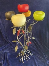Wrought Iron Cast Vine Red Chili Pepper Plant 5 Candle Holder Stand Twig Root