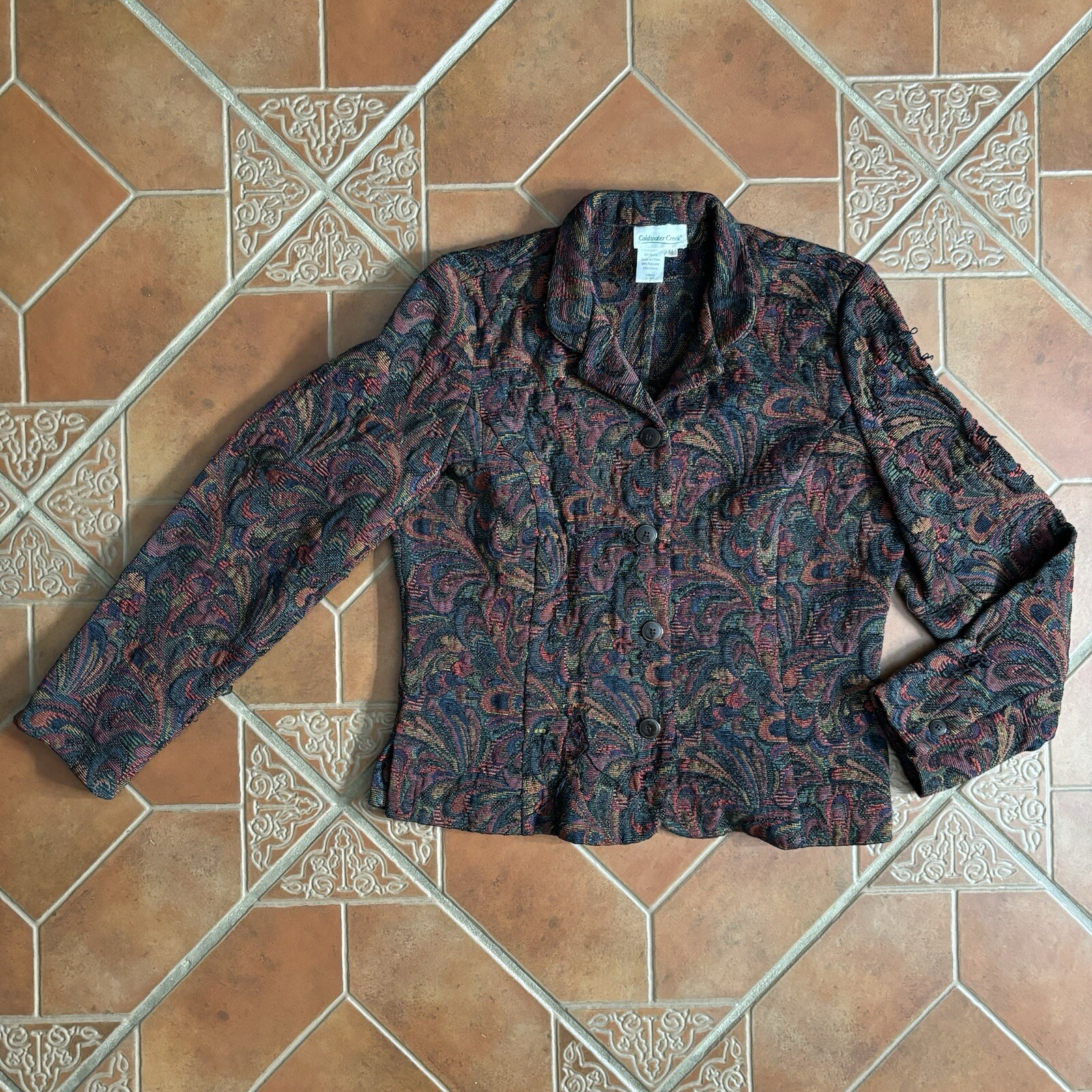 Vintage Coldwater Creek Boho Paisley Button Front Tapestry Blazer Womens Size M