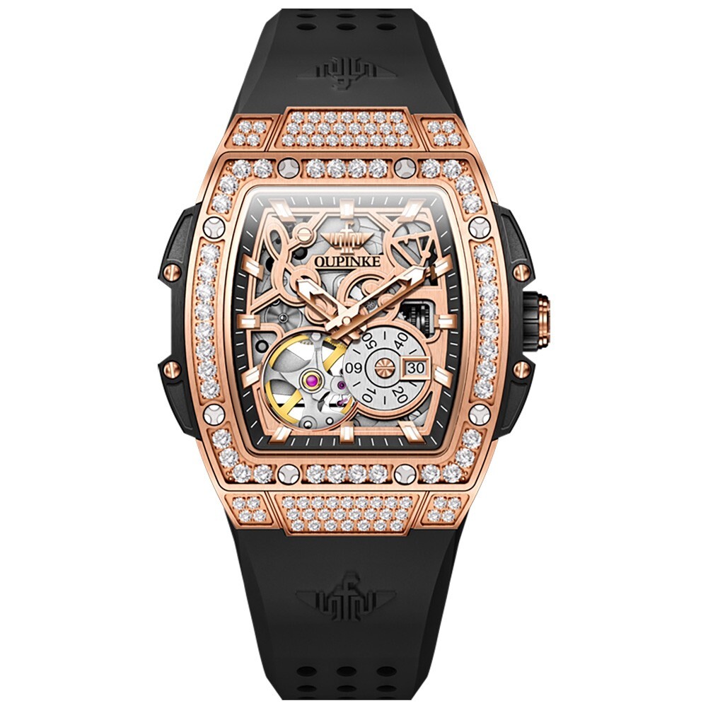 OUPINKE Women's Skeleton Mechanical Watch Diamond Rose Gold Silicone Strap 50M
