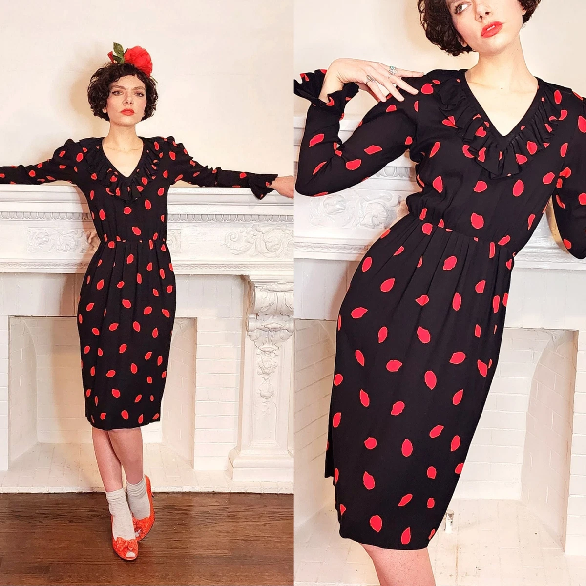70s 80s Yves Saint Laurent Print Rive Gauche Dress in Black and Red Dot Print Ru