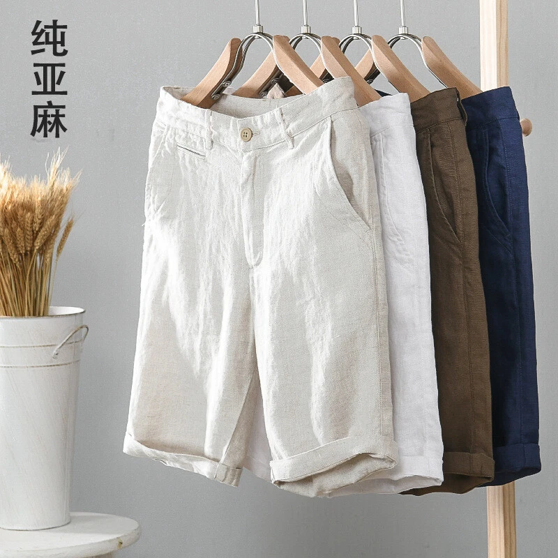 Men's Loose and Simple Pure Linen Straight Tube Casual Thin Beach Pants Shorts