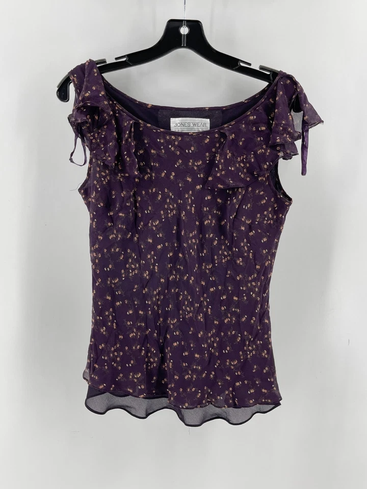 Jones Wear 100% Silk Purple Floral Ruffled Sleeveless Lined Top Blouse Size 10 - Image 2 of 4