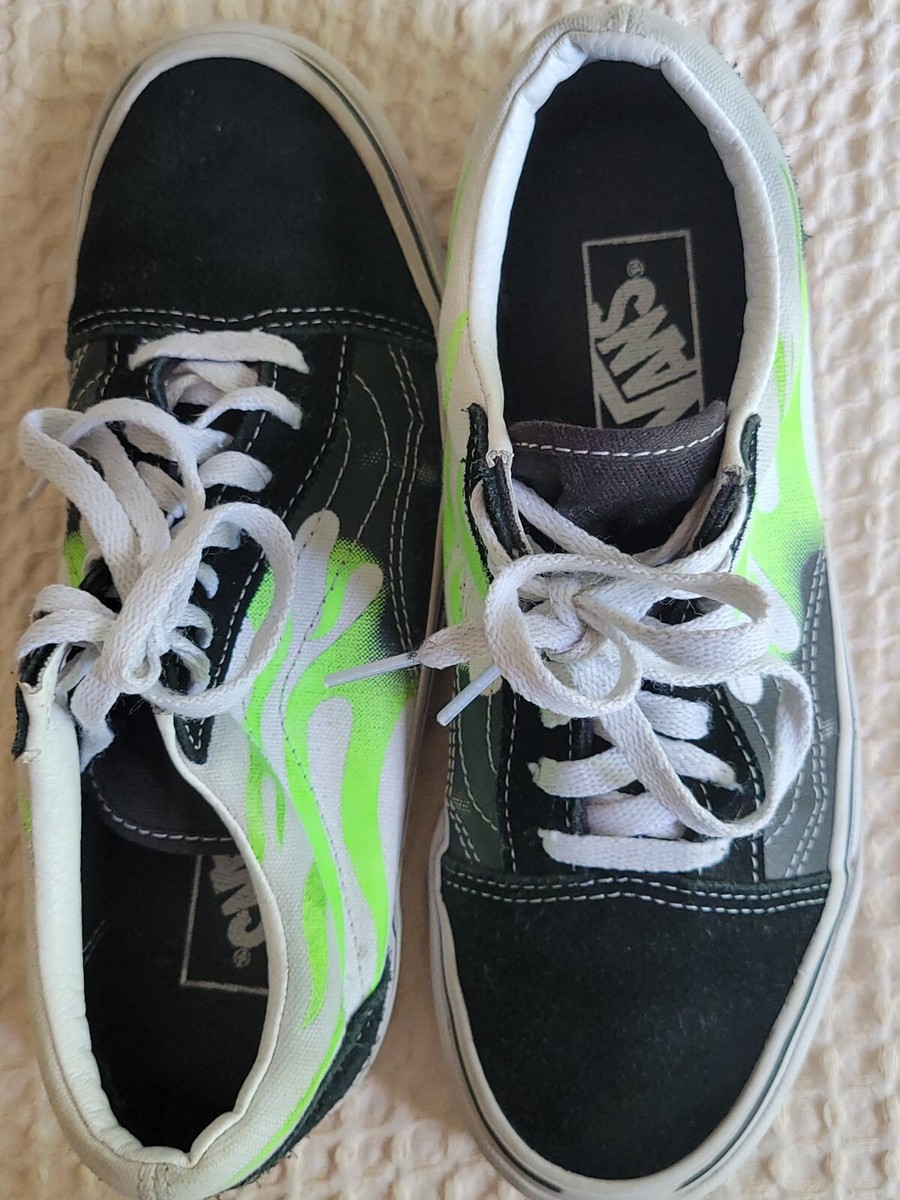 Vans Old Skool Skateboard Sneakers Black White Green Flames 507698 Mens Size‎ 7 Vans Old Skool Green Flame Skate Shoes Black Suede True  main image 4