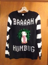 No Boundaries Sweater Pullover Ugly Christmas Holiday Baaah Humbug Black Sz L...