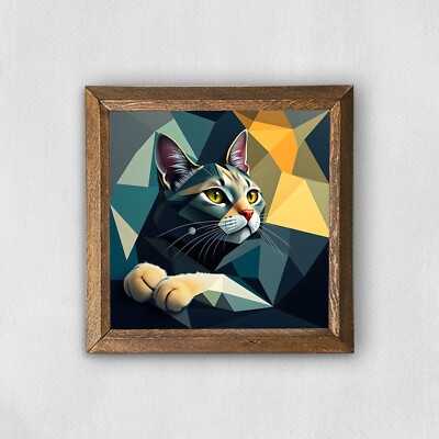 Ruhige Katze Wanddeko mit Holzrahmen Geschenk gerahmt Deko Natursteindruck
